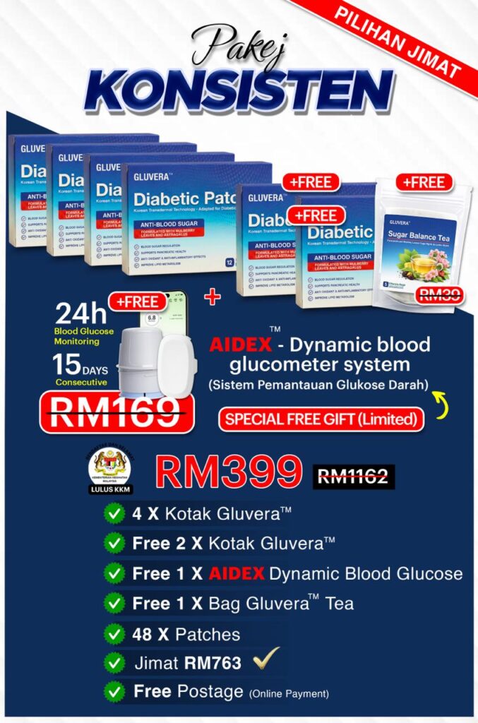 PAKEJ KONSISTEN ( 4 KOTAK + FREE 2 KOTAK + FREE GLUVERA TEA + FREE GLUCOMETER)